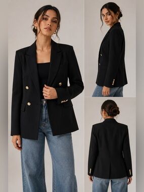 H&M Dark Navy Double-Breasted Gold Button Blazer Size M NWOT